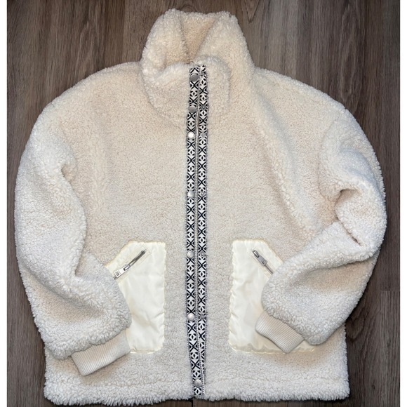 Levi's Jackets & Blazers - Levis Sherpa Fleece Jacket Cream Off White Geometric Trim Zip Up Womens Small‎
